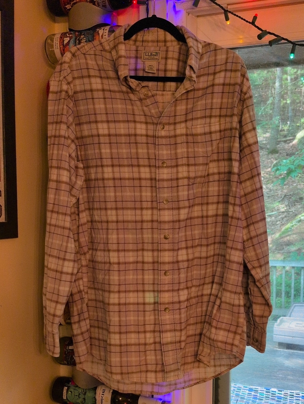 L.L. Bean Men’s Large - Tall Plaid Button-Down Shirt — Tan Blue Off White Check